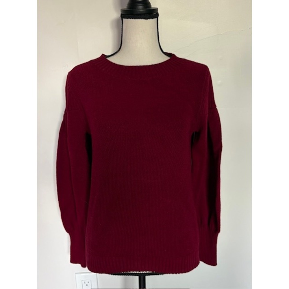 LOFT Womens Burgundy Puff Sleeve Crew Neck Knit Sweater Maroon Small